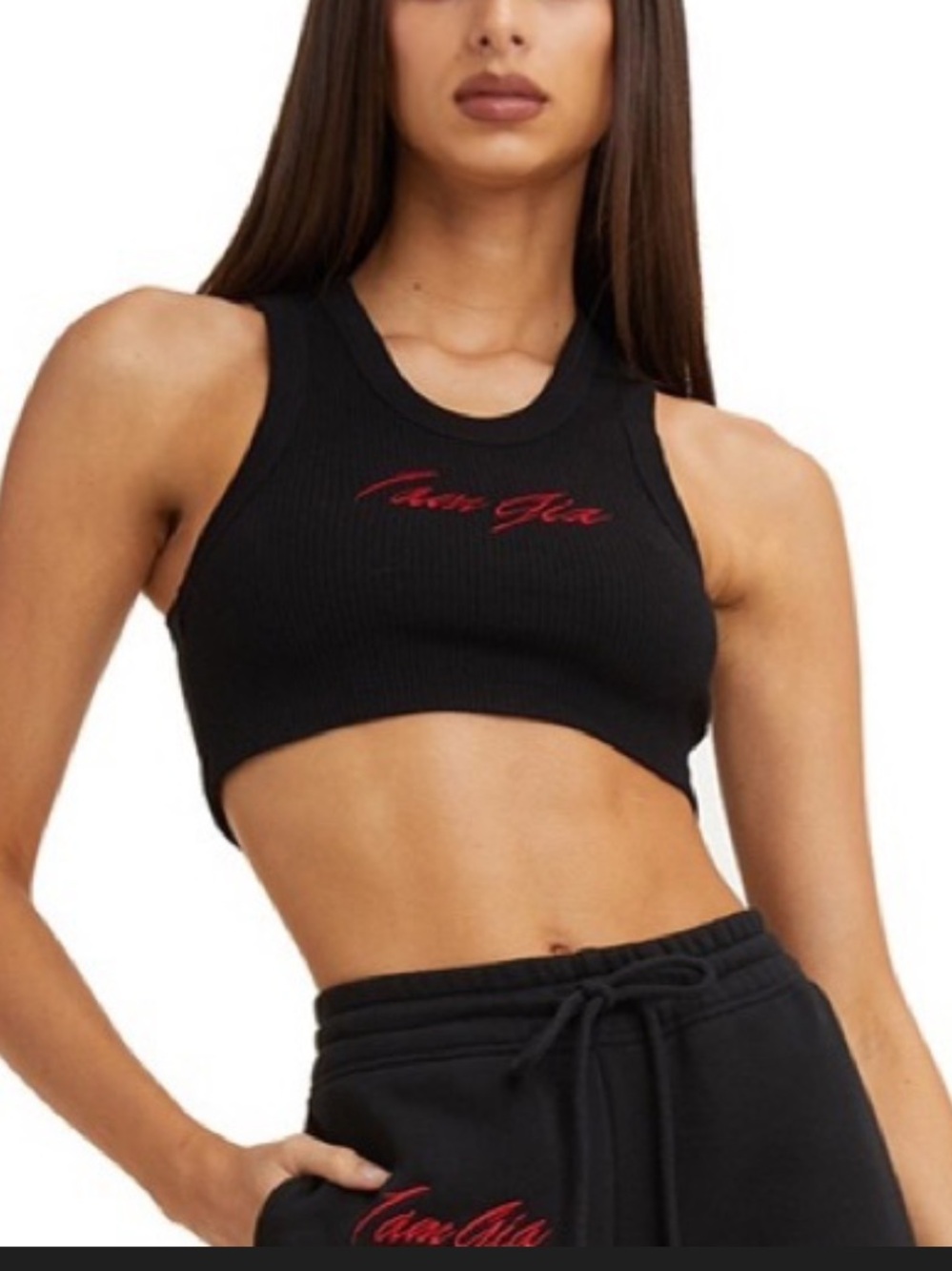 I.AM.GIA Black Ribbed Crop Muscle Tee with Red Logo